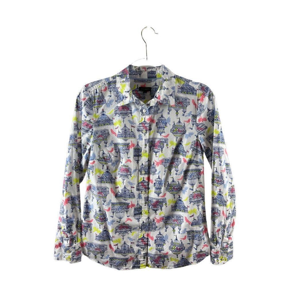 Talbots Birdcage Novelty Print Collared Casual Cotton Button Up Shirt XS White